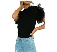 Womens Tulle Mesh Puff Sleeve Frill Top Ladies Scoop Neck Party Wear Shirt Tees UK 8-26 (Black UK 24-26)