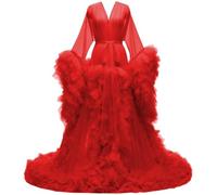 Women's Tulle Robe for Maternity Photoshoot Sheer Bridal Dressing Gown Puffy Pregnancy Dress Bathrobe Nightgown Red UK16