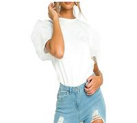 Womens Tulle Scoop Neck Frill Mesh T Shirt Ladies Puff Sleeve Party Tee Top Shirt (White UK 8-10)