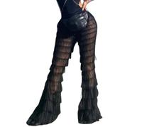 Women's Tulle Sheer Mesh Trouser High Waist See Through Tiered Ruffled Beach Cover Up Party Tulle Wide Leg Pants (Black,L)