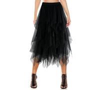 Women's Tulle Skirt A-Line High Low Asymmetrical 3 Layered Midi Length Elastic Waist Tutu Skirts, Black, One Size