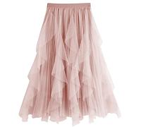 Women's Tulle Skirt Formal High Low Asymmetrical A-Line Fairy Elastic Waist Layered Long Midi Skirts, B-pink, One Size