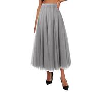Womens Tulle Skirt - High Waisted Elasticated Mesh Maxi Skirts - Retro Long Pleated Layered Petticoat for Fancy Dress Hen Do Party Wedding Prom Ballet Dance Festival Flared Bottoms Grey