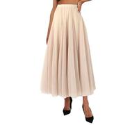 Womens Tulle Skirt - High Waisted Elasticated Mesh Maxi Skirts - Retro Long Pleated Layered Petticoat for Fancy Dress Hen Do Party Wedding Prom Ballet Dance Festival Flared Bottoms Beige