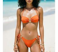 Women's Tummy Control Swimsuit Halter Neck with Gold Ring Accents - Ruched Bathing Suit for Beach Vacation Summer S-XL(Orange XL)