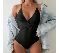 Women's Tummy Control Swimsuit V Neck Bathing Suit with Removable Cups Solid Color S-XL(Black XL)