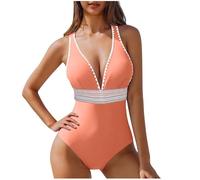 Womens Tummy Control Swimsuits One Piece Swimwear Slimming Sexy Push Up Swimsuit Deep V Neck Padded Bathing Suit Ladies Swimming Costume Shaping Monokini Beachwear Orange