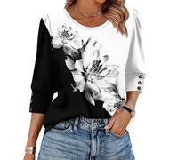 Womens Tunic Tops Casual Crew Neck T Shirt 3/4 Puff Sleeve T-Shirts Floral Printed Blouses Trendy Summer Tees for Women,Black,L