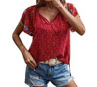 Womens Tunic Tops Casual Loose V Neck Ethnic Printed Short Sleeved Shirt Tshirts Women (Red, XL)
