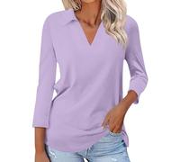 Women's Tunic Tops Casual Solid Color Plus Size V Neck Loose Fit Shirts Comfort 3/4 Sleeve Blouse Elegant Classic-Fit Baggy Longline Tee Tops for Early Prime Deals Purple