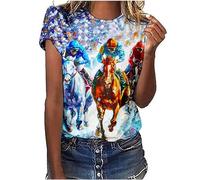 Womens Tunic Tops Horse Racing Tshirt Round Neck Top Oversize Tshirt Short Sleeve Tops Ladies Summer Top Baggy Long Tee Shirt Loose Blouses Baseball Tshirts Aesthetic Streetwear