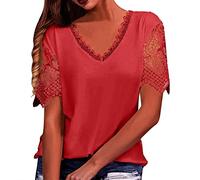 Womens Tunic Tops Ladies Solid Short Sleeve O-Neck Pullover Lace Tops Shirts Blouse Business Office Top Ladies Loose Shirt Blouse Short Tops for Women UK Tee (Red, L)