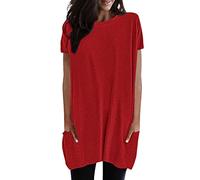 Womens Tunic Tops Long Shirt Plus Size Fashion Woman Causal Round Neck Printing Blouse Short Sleeve T-Shirt Summer Tops Oversize Loose Tunic UK Size Elegant Twisted Sweatshirt for Ladies Red