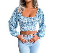 Womens Tunic Tops Shirt Resort Sleeve Fashion Sexy Tops Bow Floral Chiffon Shirt U Neck Crop Top Crew Neck t Shirts for Women (Blue, M)