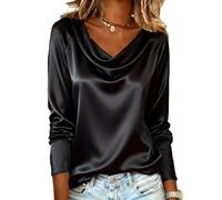 Womens Tunic Tops, Shirt Satin Silk Long Sleeve Cowl Neck Blouse Office Work V Tunic Tops Tunic Uniform Women Uk Graphic Tee Ladies Clothes Plus Size Tops (L, Black)
