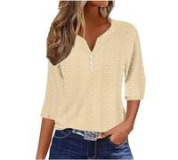 Womens Tunic Tops UK 2025 Elegant Smart Hollow Out Shirts Fall Casual 3/4 Sleeve Button V Neck Blouse Dressy Comfy Solid Color Loose Fit Tshirts Ladies Elegant Lightweight Going Out Tee