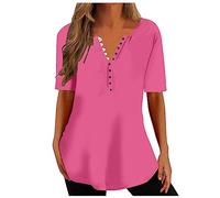 Womens Tunic Tops UK Clearance,Long Length Ladies Tunic Tops for Leggings Button Down Shirt Floral Print Summer Tops Casual Short Sleeve Blouses Henley V Neck T Shirts Size 8-16
