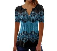 Womens Tunic Tops UK Clearance,Long Length Ladies Tunic Tops for Leggings Button Down Shirt Floral Print Summer Tops Casual Short Sleeve Blouses Henley V Neck T Shirts Size 8-16