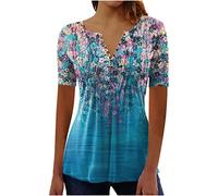 Womens Tunic Tops UK Clearance,Long Length Ladies Tunic Tops for Leggings Button Down Shirt Floral Print Summer Tops Casual Short Sleeve Blouses Henley V Neck T Shirts Size 8-16