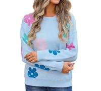 Women's Tunic Tops Womens Sweatshirts UK Winter 2024 Europe and The United States Flower Color Round Neck All Knitwear Neck Jumpers for Women UK (Blue, M)
