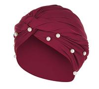 Women's Turban with Pearls Beani Muslim Elegant Turban Summer Hijab Chemo Hat Beanie Hat Bandana Hair Breathable Sun Protection Chemo Cap Hair Loss Islamic Wine, Wine Red, One Size