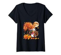 Womens Turkey Costume Chef Tools Thanksgiving Fall Leaves Pumpkins V-Neck T-Shirt