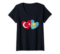 Womens Turkey Kazakhstan Flag Heart Turkish Kazakh Friendship V-Neck T-Shirt
