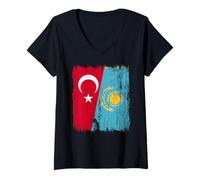 Womens Turkey Kazakhstan Half Flag Turkish Kazakh Jersey V-Neck T-Shirt