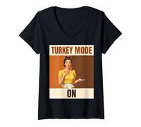 Women's Turkey Mode On Funny Thanksgiving Retro Woman V-Neck T-Shirt