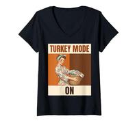 Women's Turkey Mode On Thanksgiving Food Coma Humor V-Neck T-Shirt
