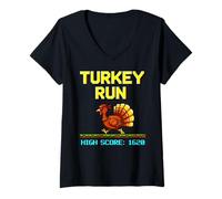 Womens Turkey Run Pixel Art | Retro High Score Gamer Thanksgiving V-Neck T-Shirt
