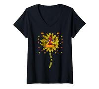 Women's Turkey Sunflower Sunshine Thanksgiving Fall Autumn Pilgrim V-Neck T-Shirt