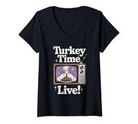 Womens Turkey time Live Retro tv Chef Show Dinner Thanksgiving V-Neck T-Shirt