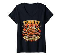 Women's Turkey Trot Thanksgiving Run Runner Mascot Fall Graphic V-Neck T-Shirt