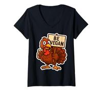 Womens Turkey with Sign Be Vegan Funny Thanksgiving Veganism Joke V-Neck T-Shirt