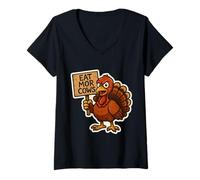 Womens Turkey with Sign Eat More Cows Funny Thanksgiving Joke Quote V-Neck T-Shirt