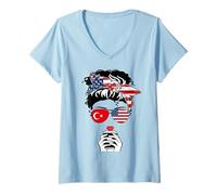 Womens Turkish American Coffee Mama Girl Sister Aunt Turkey US Flag V-Neck T-Shirt