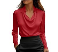 Women's Turn Down Collar Satin T Shirts Red Ladies Ice Silk Long Sleeve Tops Sweatshirts Solid Color Round Neck Plus Size Blouse Casual Loose Tunic Activewear Pullover