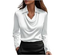 Women's Turn Down Collar Satin T Shirts White Ladies Ice Silk Long Sleeve Tops Sweatshirts Solid Color Round Neck Plus Size Blouse Casual Loose Tunic Activewear Pullover