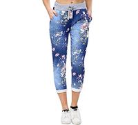 Women's Turn Up Italian Drawstrings Trousers Two Side Pocketed Casual Pants Ladies Summer Fashion Turn Up Italian Style Jeans Drawstring Leggings (Dark Denim Floral, UK 14)