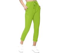 RIDDLED WITH STYLE Ladies Plain Turn Up Italian Slim Pant Womens Summer Elasticated Waist Trouser Apple Green