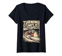 Women's Turning Stumps Into Masterpieces Chainsaw Art V-Neck T-Shirt