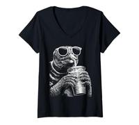 Women's Turtle Drinking Iced Coffee Funny Animal Meme y2k Grunge V-Neck T-Shirt