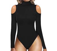 Women's Turtle Mock Neck Long Sleeve Bodysuit, Sexy Cutout Cold Shoulder T Shirts Thong Body Suit Tops (Color : Black, Size : S)