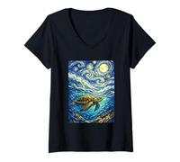 Women's Turtle Van Gogh Starry Night Inspired Nature Sea Lovers V-Neck T-Shirt