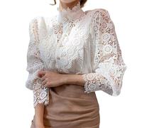 Women's Turtleneck Blouse and Lace Tunic Retro Long Sleeve Hollow Out Chic Elegant Tops with Buttons Trendy Casual Vintage T Shirt for Evening Party