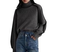 Women's Turtleneck Color Block Raglan Knit Sweaters-Casual Oversized Basic Stripe Long Sleeve Ribbed Pullover Fall Winter Tops (Gray,M)