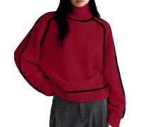 Women's Turtleneck Color Block Raglan Knit Sweaters-Casual Oversized Basic Stripe Long Sleeve Ribbed Pullover Fall Winter Tops (Red,L)