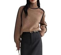 Women's Turtleneck Color Block Raglan Knit Sweaters-Casual Oversized Basic Stripe Long Sleeve Ribbed Pullover Fall Winter Tops (Brown,L)