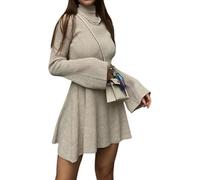 Women's Turtleneck Flare Long Sleeve Ribbed Knit Short Dress-Casual Fashion Solid Bodycon A-Line Slim Fit Fall Mini Dress (Khaki,M)